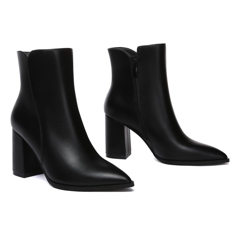 Athlefit Women's Heeled Ankle Boots Fashion Pointed Toe Chunky Block Heel Side Zipper Short Black Leather Boots Size 7 - Image 4