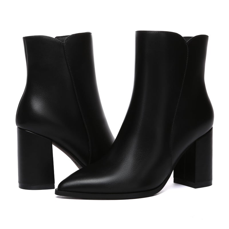 Athlefit Women's Heeled Ankle Boots Fashion Pointed Toe Chunky Block Heel Side Zipper Short Black Leather Boots Size 7 - Image 5