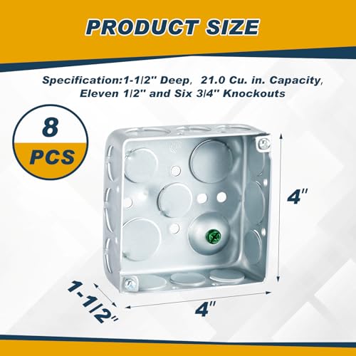 Copkim Metal Electrical Junction Box Deep Square Electrical Box Silver Galvanized Steel Drawn Construction (4 x 4 x 1-1/2 Inch,Classic,8 Pcs) - Image 2