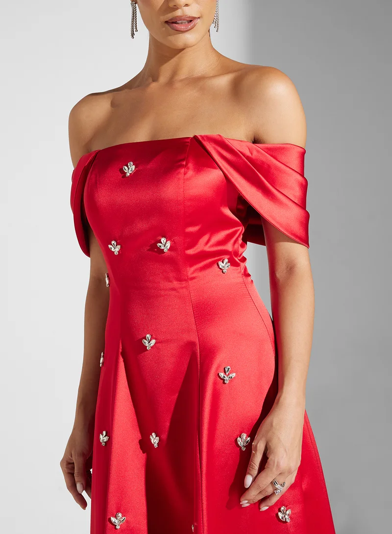 Akadia Fashion Satin Off-Shoulder Dress
