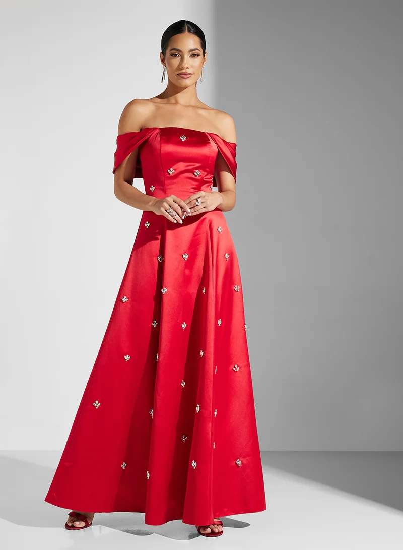 Akadia Fashion Satin Off-Shoulder Dress