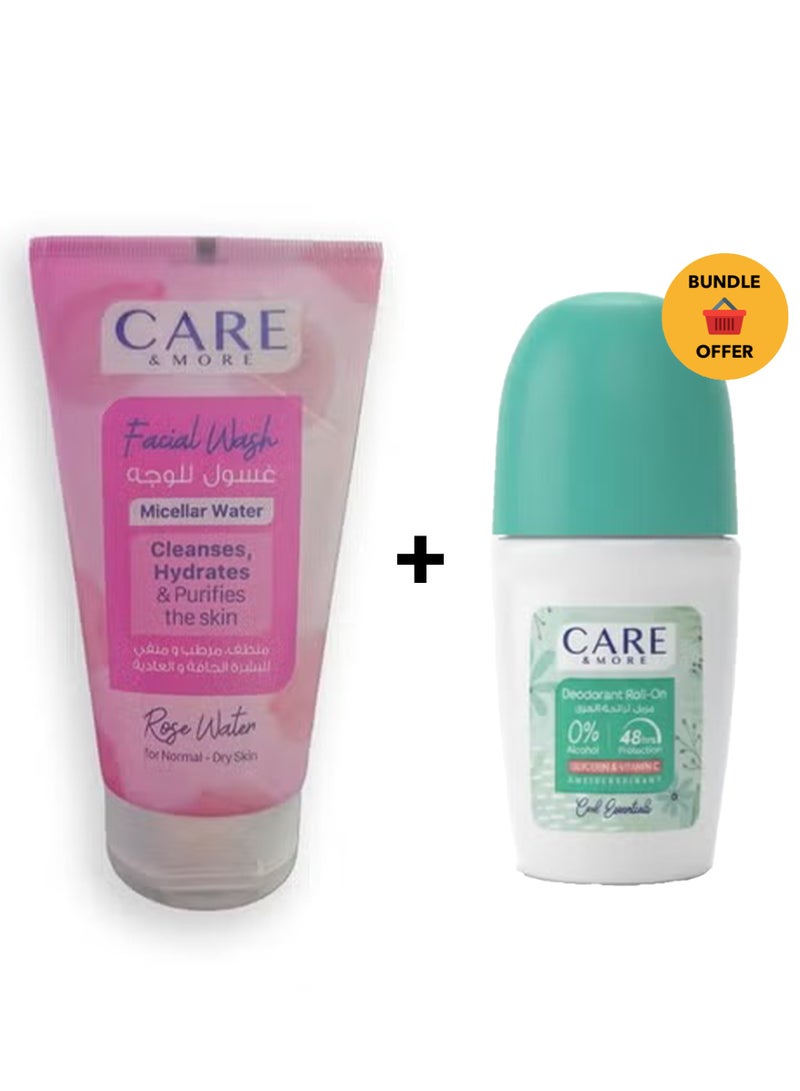 Care & More A gentle, natural rosewater facial cleanser that focuses on brightening, purifying, moisturizing and soothing the skin. It is used for normal and dry skin(150). & Cool Essentials Deodorant Roll 50ml, 48H Protection, Aluminum Silicone Paraben Free, Alcohol Free, Gentle CareBundle - Image 1