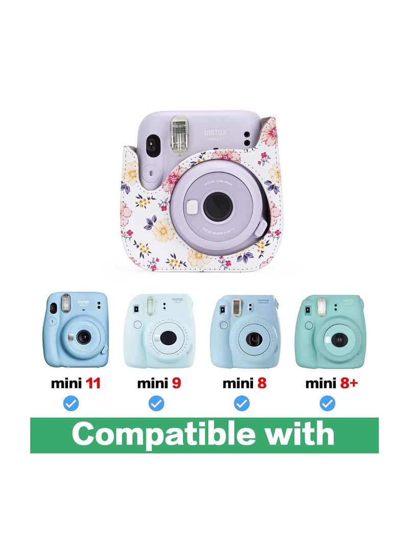 Protective and Portable Case for Fujifilm Instax Mini 11/9/8/8+ Instant Film Camera, Featuring Accessory Pocket and Adjustable Strap (Floral White Design) - Image 5