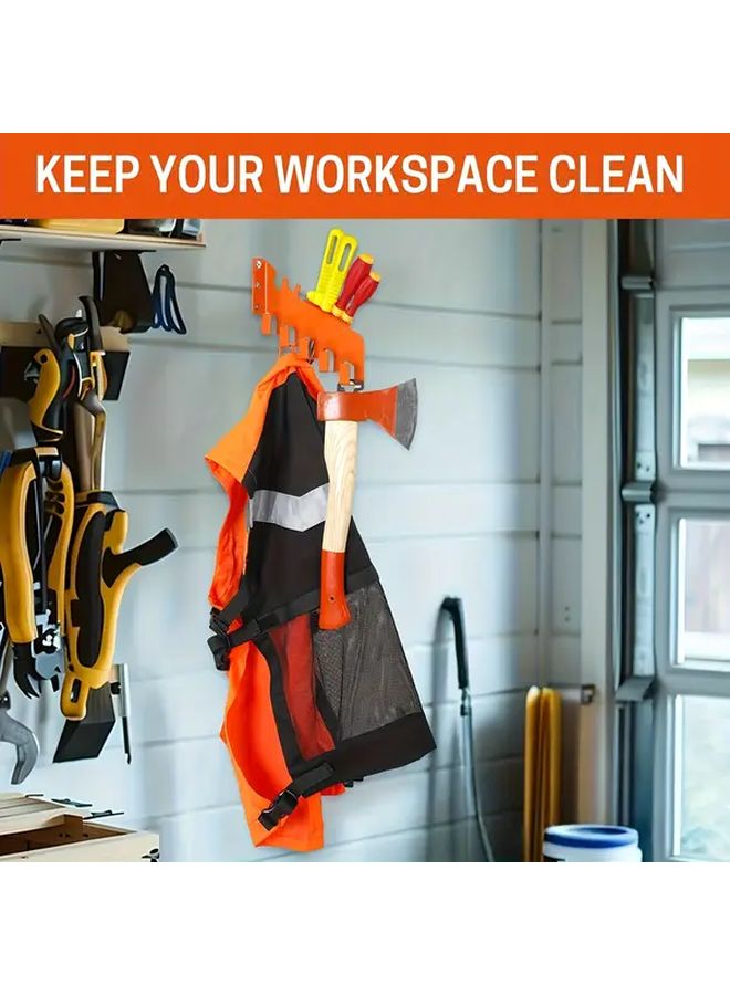 Orange Heavy Duty Wall Mounted Garage Storage Rack With 5 Hook Chain Holder Tool Organizer Shelf - Image 3