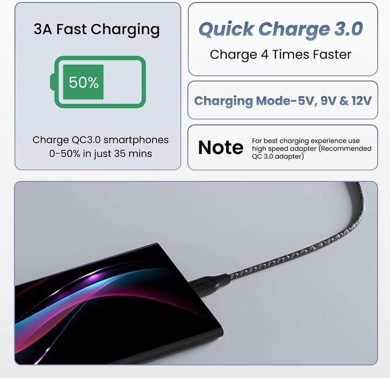 AMBRANE Unbreakable 3A Fast Charging 1.5m Braided Type C Cable for Smartphones, Tablets, Laptops & other Type C devices, 480Mbps Data Sync, Quick Charge 3.0 (RCT15A, Black) - Image 2