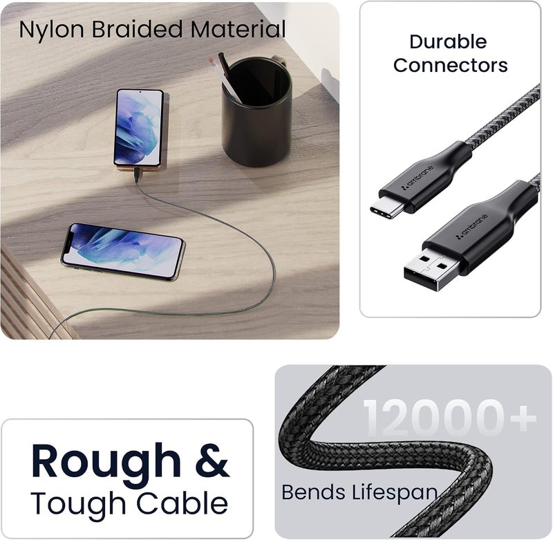 AMBRANE Unbreakable 3A Fast Charging 1.5m Braided Type C Cable for Smartphones, Tablets, Laptops & other Type C devices, 480Mbps Data Sync, Quick Charge 3.0 (RCT15A, Black) - Image 4