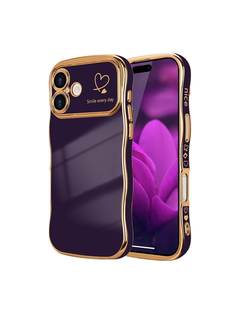 WRISTWISE Case Cover for iPhone 16 Plus, Cute Wave Frame Curly Shape with Love Heart Pattern Raised Camera Protection Cover Luxury Plating Shockproof Phone Case for iPhone 16 Plus, Purple - Image 1