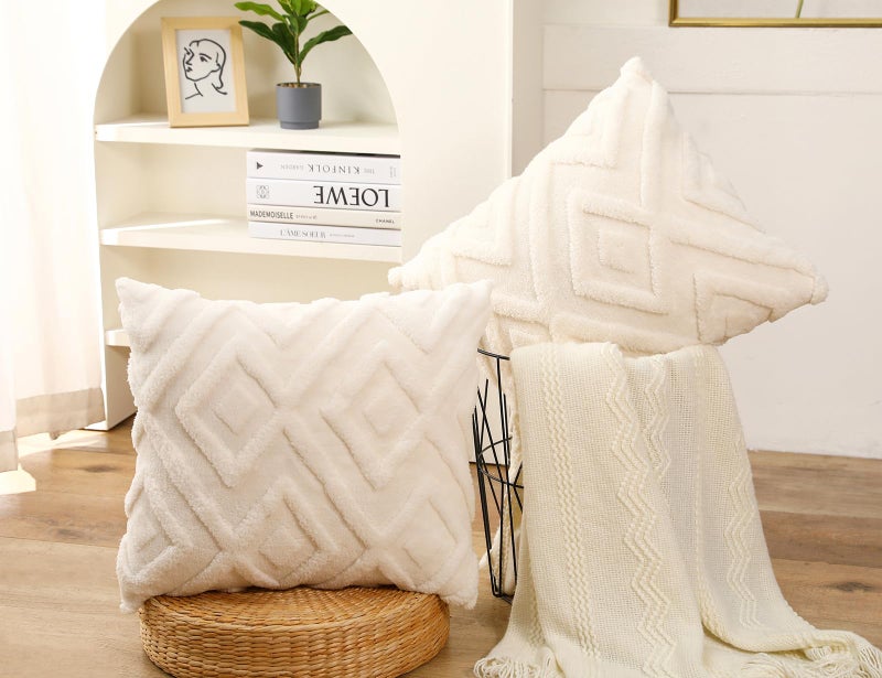 DRNOU Set of 2 Faux Fur Cream White Throw Pillow Covers 26x26 Soft Checkborad Pattern Decorative Boho Pillow Cover Case Cushion Cover for Sofa Couch Bed Livingroom Farmhouse Modern Accent - Image 2