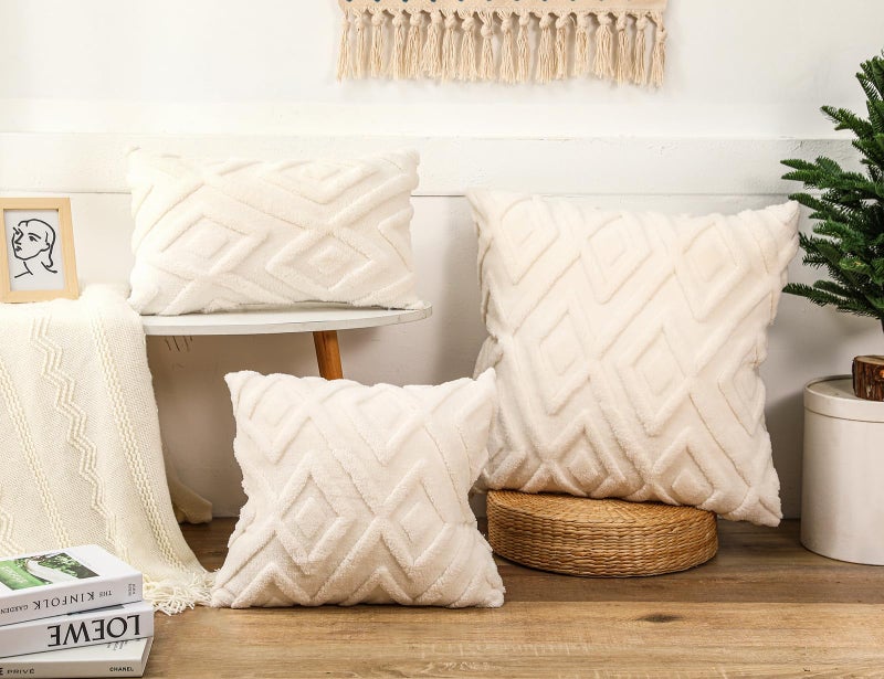 DRNOU Set of 2 Faux Fur Cream White Throw Pillow Covers 26x26 Soft Checkborad Pattern Decorative Boho Pillow Cover Case Cushion Cover for Sofa Couch Bed Livingroom Farmhouse Modern Accent - Image 4