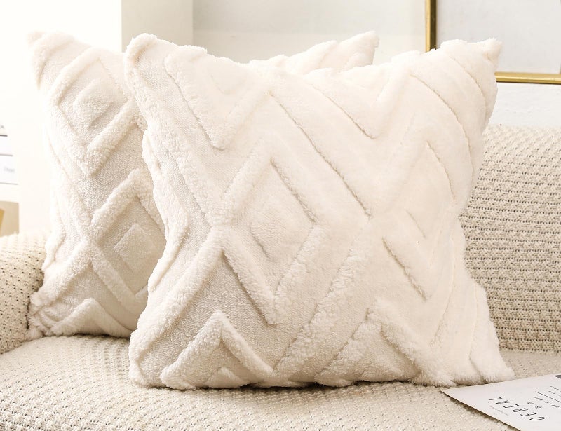 DRNOU Set of 2 Faux Fur Cream White Throw Pillow Covers 26x26 Soft Checkborad Pattern Decorative Boho Pillow Cover Case Cushion Cover for Sofa Couch Bed Livingroom Farmhouse Modern Accent - Image 1