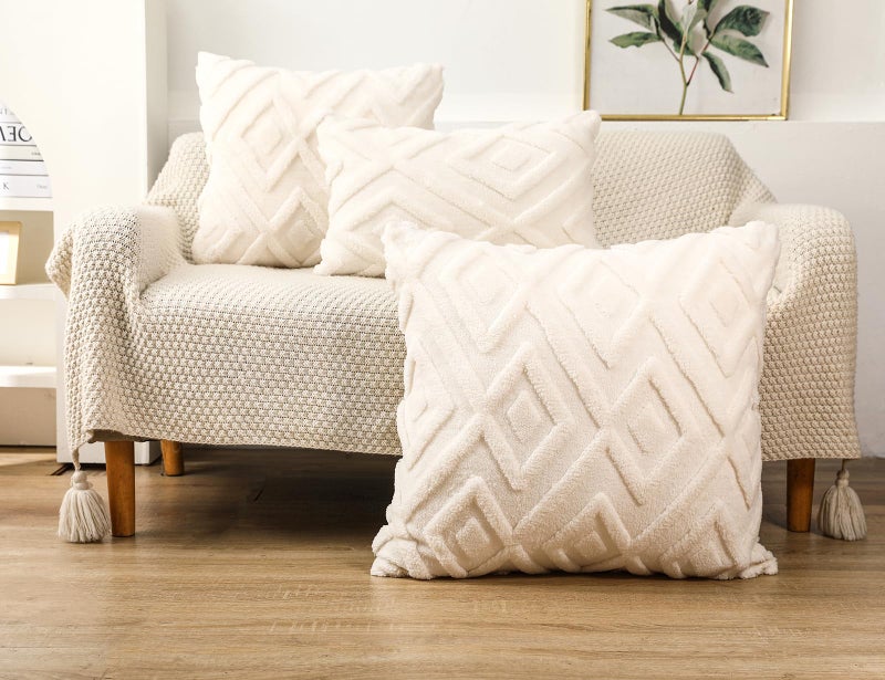 DRNOU Set of 2 Faux Fur Cream White Throw Pillow Covers 26x26 Soft Checkborad Pattern Decorative Boho Pillow Cover Case Cushion Cover for Sofa Couch Bed Livingroom Farmhouse Modern Accent - Image 3