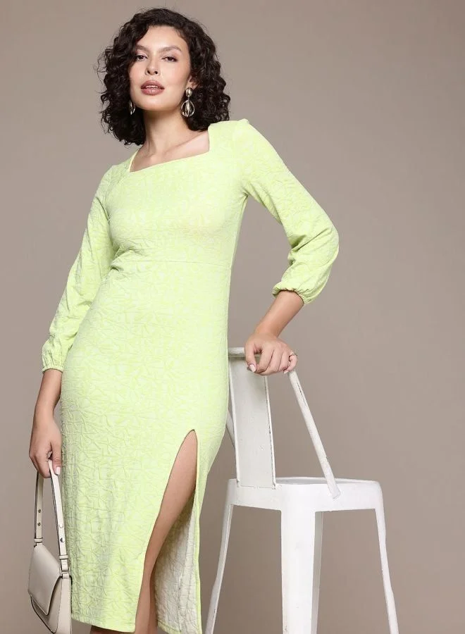 Women Fit and Flared Textured Square Neck Long Sleeve Midi Dress