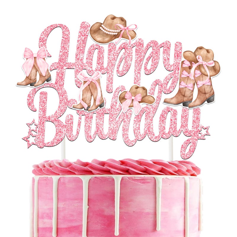 umoni Cowgirl Boots and Hat Cake Topper Coquette Cowgirl Birthday Decorations Western Pink Bow Cake Pick Wild West Rodeo Theme Cake Decoration for Girls Women Birthday Baby Shower Party - Image 2