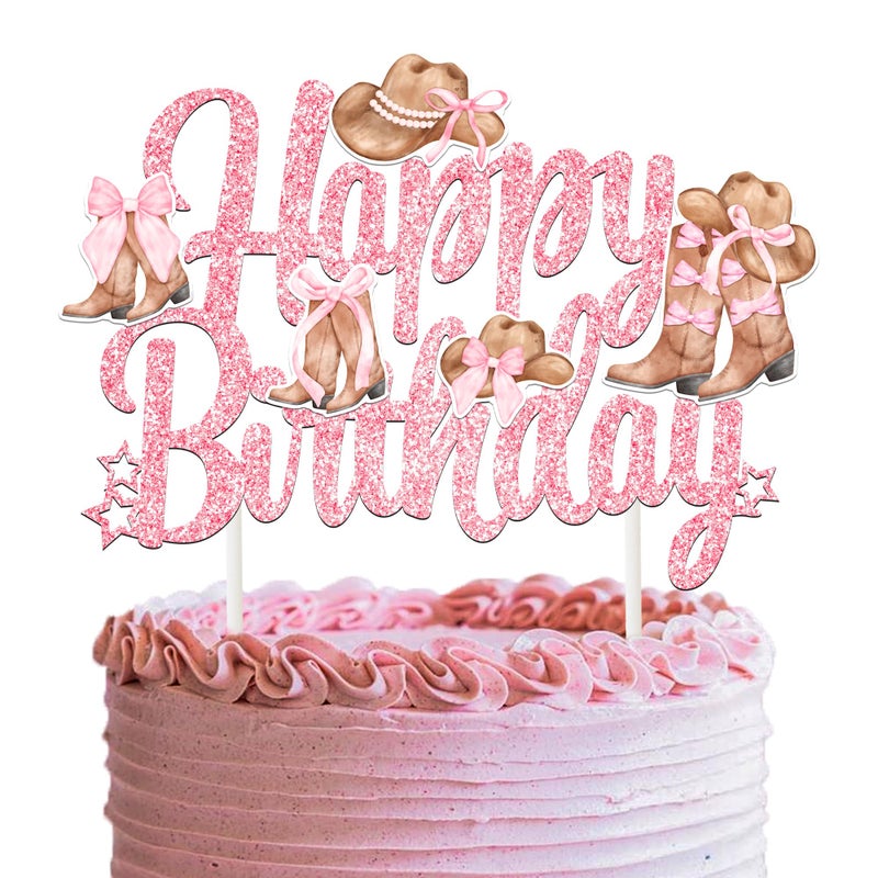 umoni Cowgirl Boots and Hat Cake Topper Coquette Cowgirl Birthday Decorations Western Pink Bow Cake Pick Wild West Rodeo Theme Cake Decoration for Girls Women Birthday Baby Shower Party - Image 1