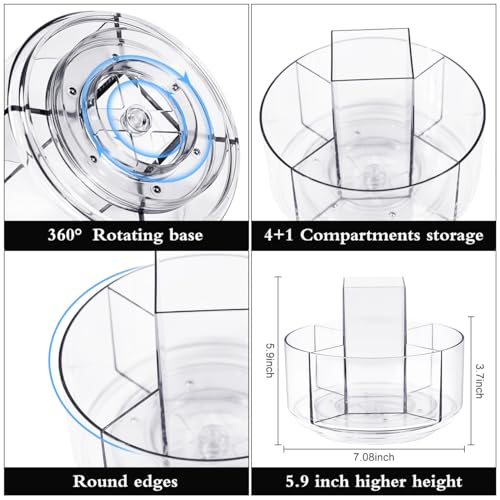 JIKIOU Acrylic Pen Holder, 360-Degree Rotating Pen Holder for Desk, Clear Desk Organizers and Accessories with 5 Compartments Pencil Organizer, Art Supply Storage Box Caddy for Office, Home - Image 5