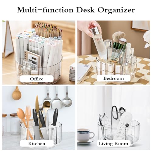 JIKIOU Acrylic Pen Holder, 360-Degree Rotating Pen Holder for Desk, Clear Desk Organizers and Accessories with 5 Compartments Pencil Organizer, Art Supply Storage Box Caddy for Office, Home - Image 2