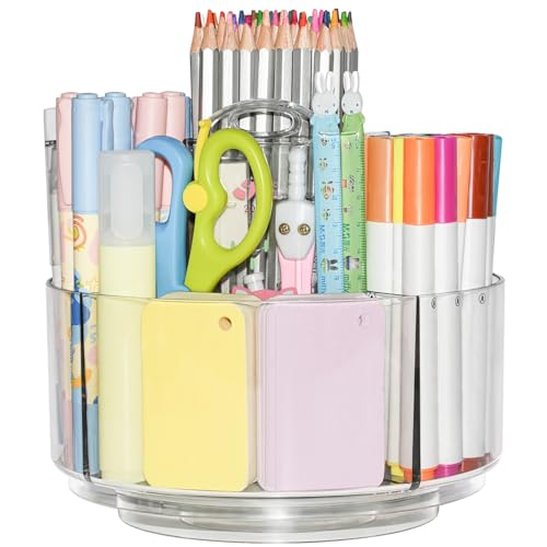 JIKIOU Acrylic Pen Holder, 360-Degree Rotating Pen Holder for Desk, Clear Desk Organizers and Accessories with 5 Compartments Pencil Organizer, Art Supply Storage Box Caddy for Office, Home - Image 1