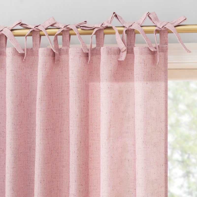 Sun Zero Roxy Generation Slub Texture Tacked Bow Semi-Sheer Tie Top Curtain Panel, 50" x 63", Pink - Image 1