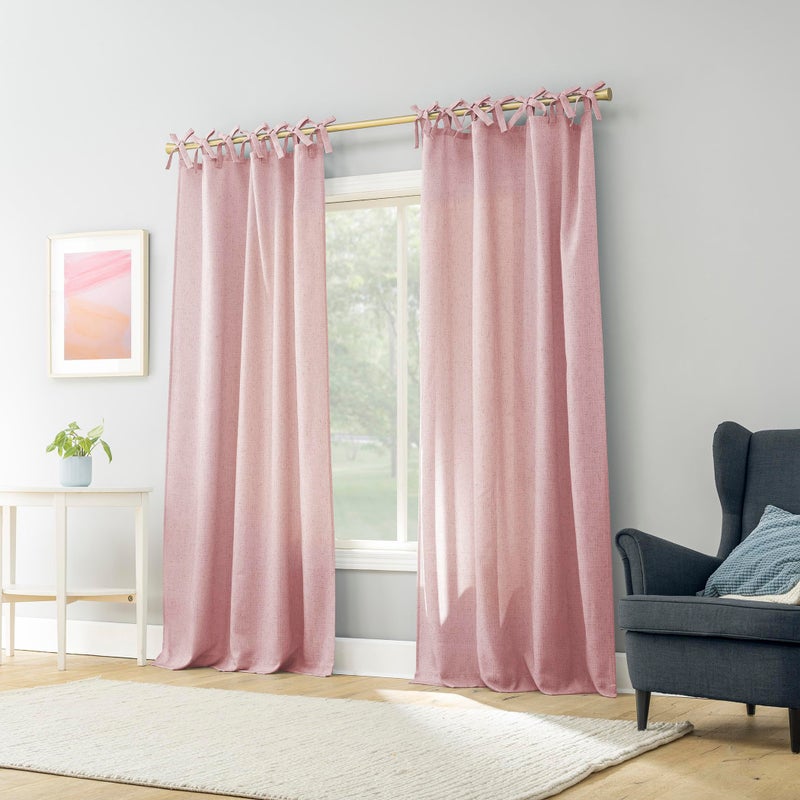 Sun Zero Roxy Generation Slub Texture Tacked Bow Semi-Sheer Tie Top Curtain Panel, 50" x 63", Pink - Image 4