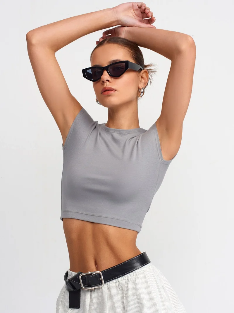 Dilvin 30528 Cotton and Modal Blend Crop Top-Grey