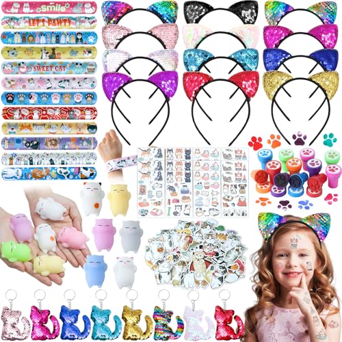 SNLN Cat Party Favors Birthday Supplies for Girls Sequin Headband Squishy Toy Keychain Tattoo Sticker Stamper Slap Bracelet Cat Sticker Goodie Bag Stuffer Kids Cat Birthday Party Supplies Decorations - Image 1