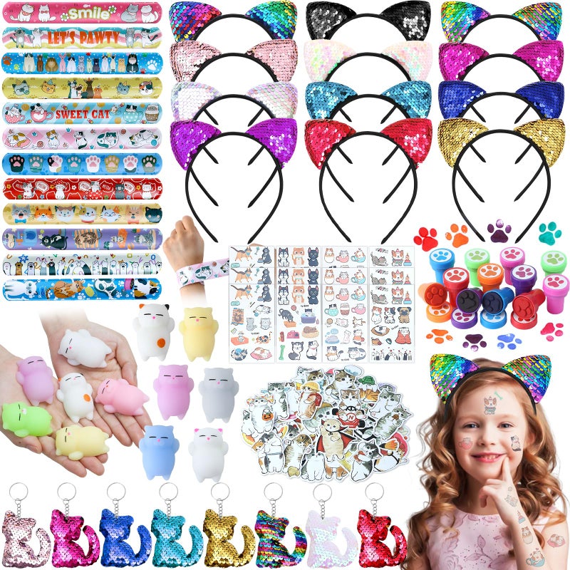 SNLN Cat Party Favors Birthday Supplies for Girls Sequin Headband Squishy Toy Keychain Tattoo Sticker Stamper Slap Bracelet Cat Sticker Goodie Bag Stuffer Kids Cat Birthday Party Supplies Decorations - Image 3