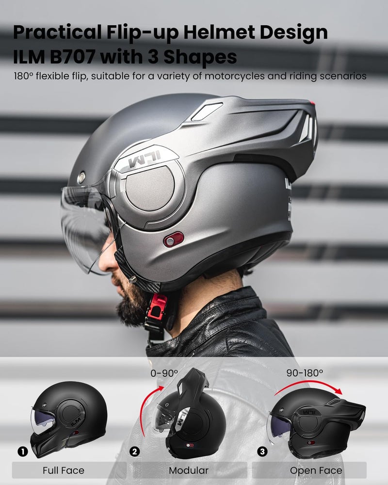 ILM Vintage Full Face Modular Motorcycle Helmet for Adults Men ATV UTV Snowmobile with 180° Reversible Chin Guard DOT Model-B707(Matte Gray, L) - Image 3