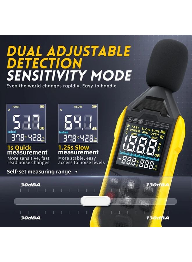 Yellow Digital Sound Level Meter Noise Decibel Tester Data Hold USB Rechargeable - Image 4