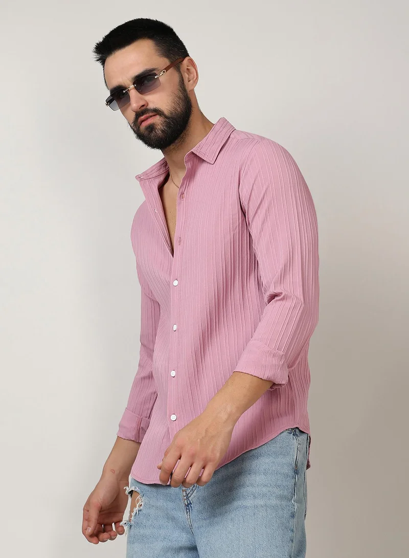 كامبوس سوترا قميص رجالي وردي سلموني مخطط بتصميم ذاتي للملابس الكاجوال