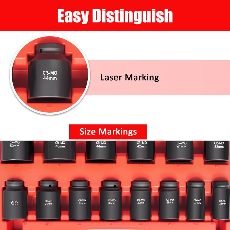 TONYNOL 3/4 Inch Drive Deep Impact Socket Set,6-Point, Metric Sizes(25-50mm),14 PCS,Cr-Mo Steel,Heavy Duty Impact Sockets for Automotive & Industrial Machinery,With a Storage Case - Image 5