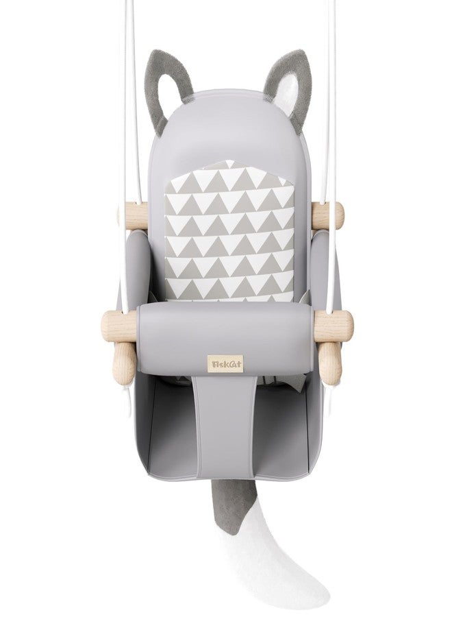 AskCat Wooden Hanging Baby Swing with Soft Safety Belt, Cozy Infant Swing Seat for Indoor & Outdoor Use, Adjustable Height, Includes Mounting Hardware – Suitable for Babies & Toddlers（Fox-Themed in Gray - Image 1