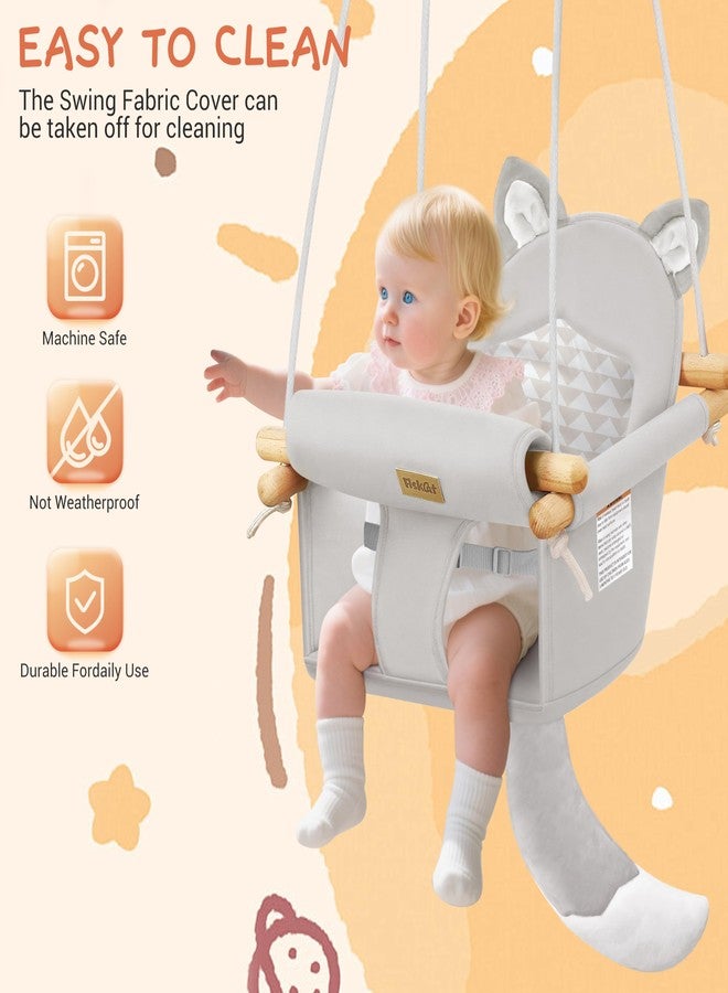 AskCat Wooden Hanging Baby Swing with Soft Safety Belt, Cozy Infant Swing Seat for Indoor & Outdoor Use, Adjustable Height, Includes Mounting Hardware – Suitable for Babies & Toddlers（Fox-Themed in Gray - Image 5
