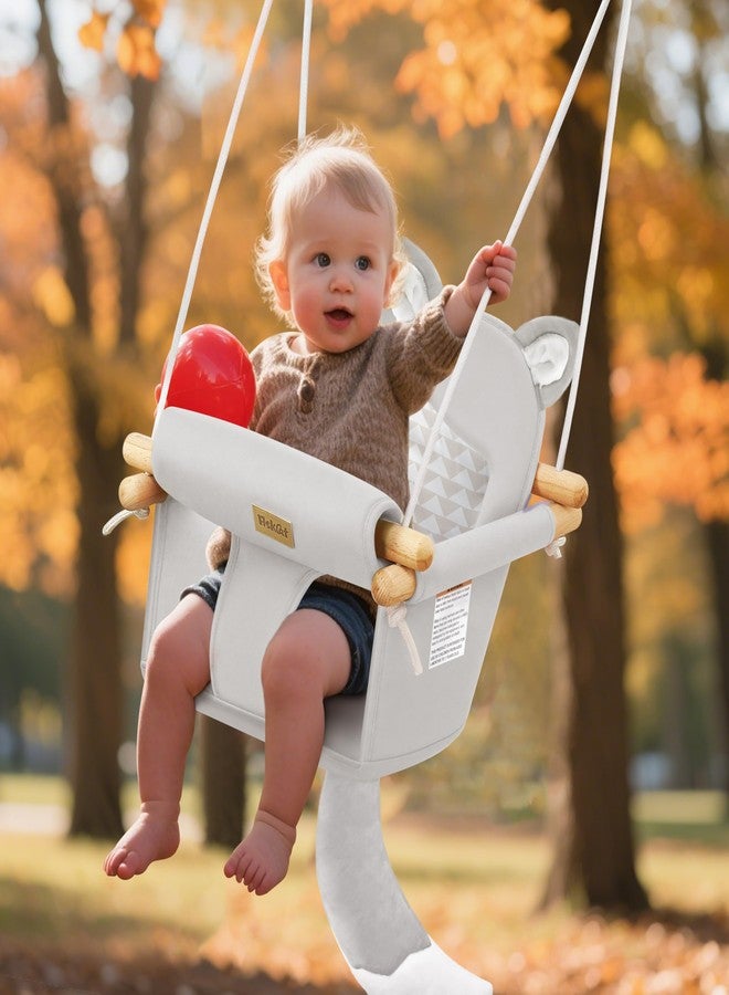 AskCat Wooden Hanging Baby Swing with Soft Safety Belt, Cozy Infant Swing Seat for Indoor & Outdoor Use, Adjustable Height, Includes Mounting Hardware – Suitable for Babies & Toddlers（Fox-Themed in Gray - Image 2