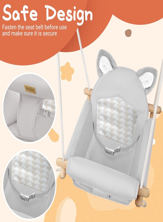 AskCat Wooden Hanging Baby Swing with Soft Safety Belt, Cozy Infant Swing Seat for Indoor & Outdoor Use, Adjustable Height, Includes Mounting Hardware – Suitable for Babies & Toddlers（Fox-Themed in Gray - Image 3