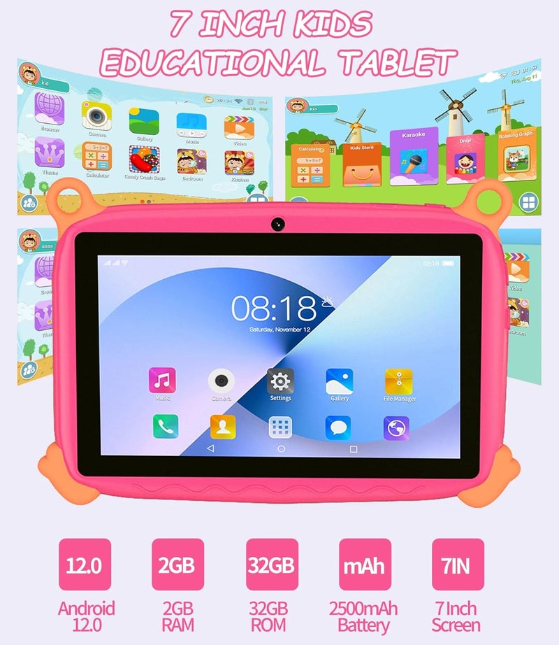 ZEKAROUL 7 inch Kids Tablet, Quad Core Android 12 2GB 32GB, Parental Control, Eye Protection, Shockproof Case, Dual Camera, WiFi, Bluetooth, Learning Tablet for Kids - Monkey (Pink) - Image 3