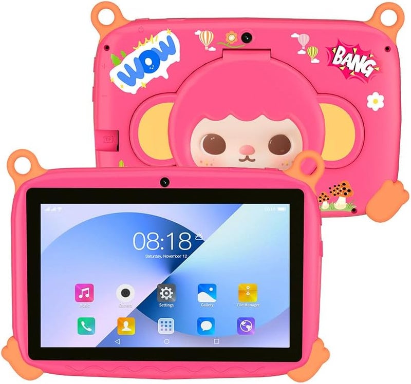 ZEKAROUL 7 inch Kids Tablet, Quad Core Android 12 2GB 32GB, Parental Control, Eye Protection, Shockproof Case, Dual Camera, WiFi, Bluetooth, Learning Tablet for Kids - Monkey (Pink) - Image 1