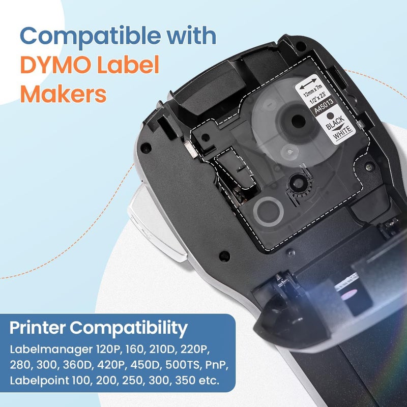 Labelife Replace for DYMO D1 Label Tape 45013 Black on White A45013 45013s S0720530 Refills Compatible with Dymo Labelmanager 160 LM 280 210D 360D 420P Label Maker, 1/2 Inch x 23Ft,5-Pack | 45013s S0720530 Label Maker Refills Compatible with Dymo Labelmanager 160 LM 280 210D 360D 420P, 5-PacK - Image 2