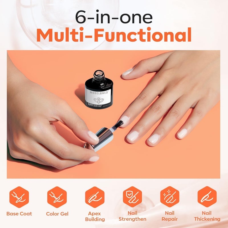 modelones Milky White Rubber Gel Base Coat, 6 in One Builder for Strengthen Apex Building Extension Long Lasting Protect Color Based Gel Polish Manicure for Fragile Nails Art Home Salon - Image 4