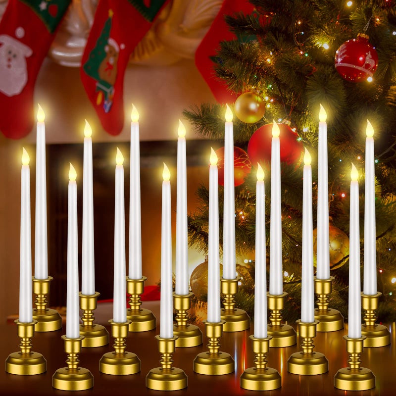 Fumete 16 Pcs Flameless Candles with Gold Base Battery Powered Taper White Candles Battery Operated LED Candlesticks for Party Home Dinner Decorations - Image 2