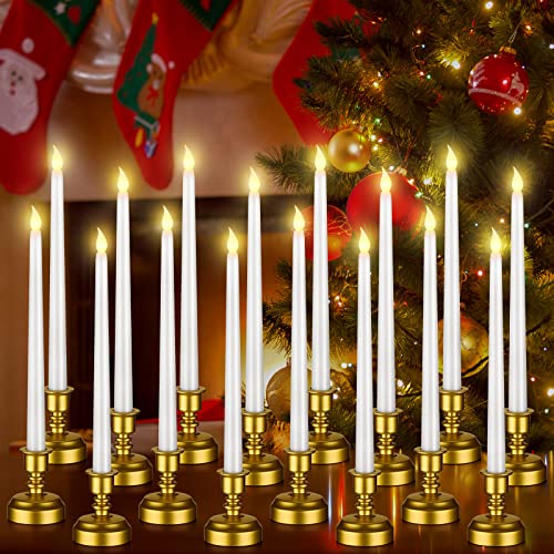 Fumete 16 Pcs Flameless Candles with Gold Base Battery Powered Taper White Candles Battery Operated LED Candlesticks for Party Home Dinner Decorations - Image 1