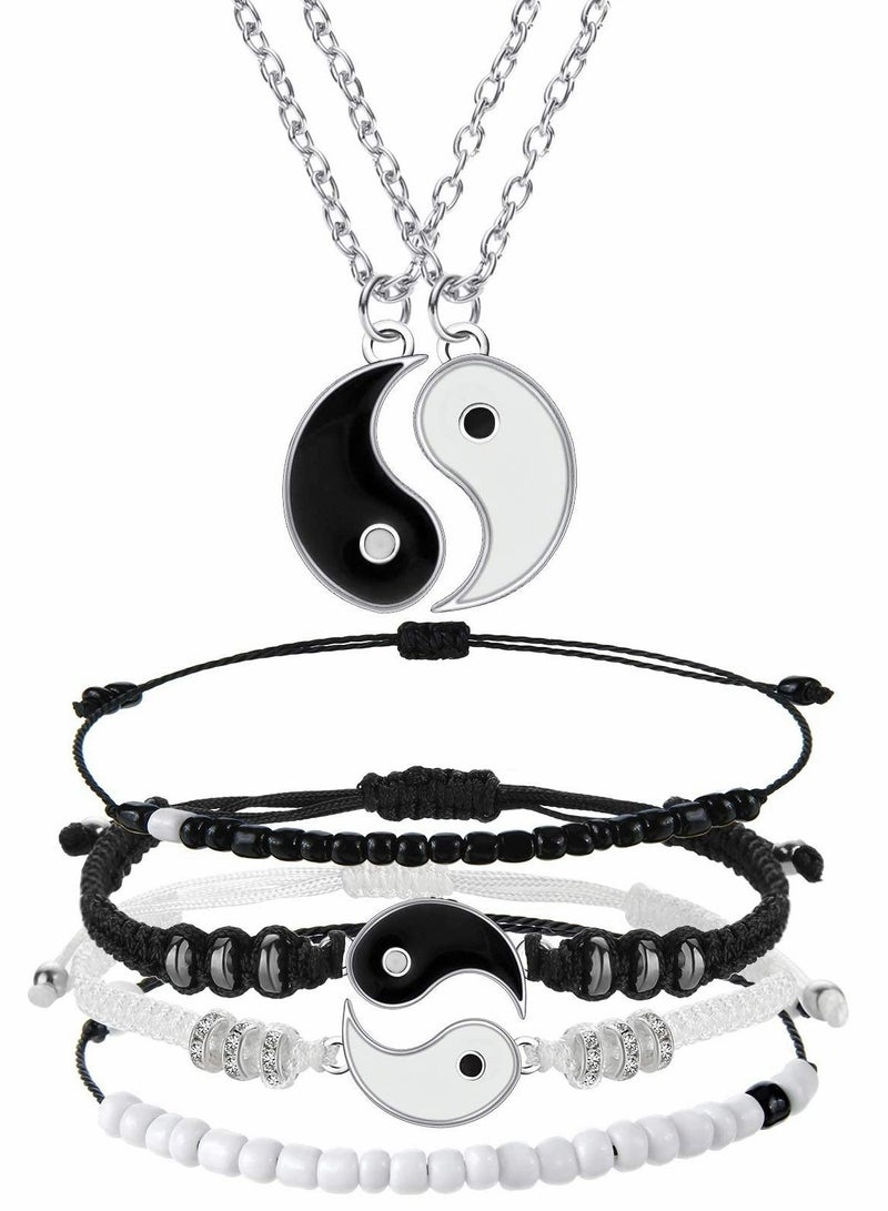 SYOSI 6 Pieces Matching Yin Yang Friend Couple Bracelets with Necklace Set, Adjustable Waterproof Handmade Cord Relationship Bracelets for Friendship Boyfriend Girlfriend  - Image 1