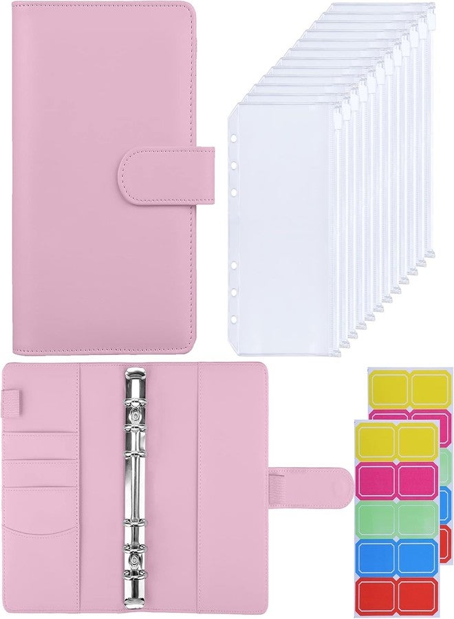 Hautoco 12 Pieces A6 Binder Pockets with A6 PU Leather Binder Cover 6-Ring Budget Binder with Cash Envelopes, Budget Envelopes System, Money Saving Binder - Pink - Image 1