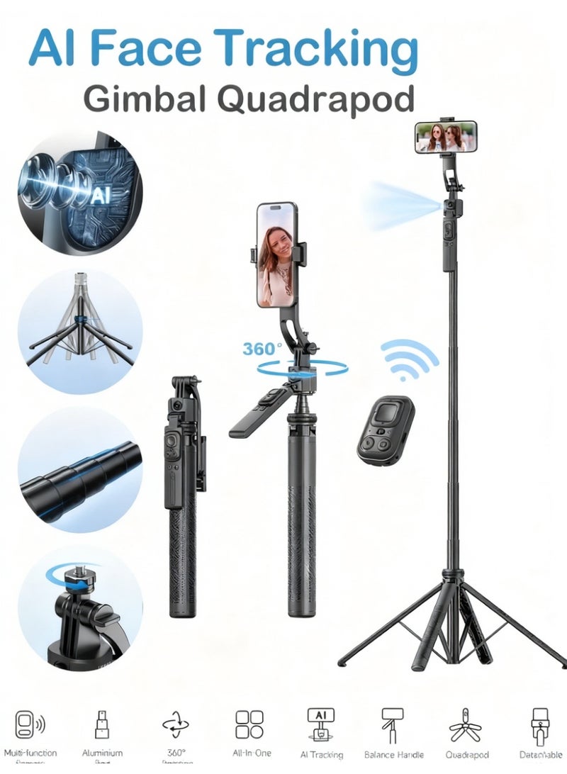 AI Tracking Gimbal Quadrapod with Auto-Follow, Gesture Control & Anti-Shake Handle, Detachable Design Extends to 1635mm, Heavy-Duty Aluminium Stand with Selfie Stick & Multi-Function Bluetooth Remote for Phone/Camera (1/4" Mount) - Image 1