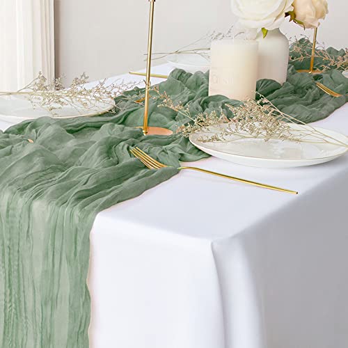eQFeast 2 Pack Sage Green Cheesecloth Table Runners 10Ft Gauze Table Runner Boho Wedding Cheese Cloths Decor for Bridal Baby Shower Arch Buffet Dessert Table St Patricks Day Decorations - Image 1