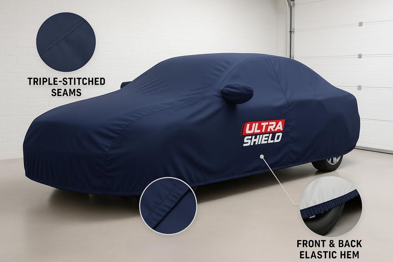 ULTRA SHIELD All Weather Water-Resistant Car Cover for Maruti Suzuki WagonR | Durable Light-Weight Triple-Stitched Fabric, UV Protection, Dust-Proof | Mirror Pockets, Full Elastic | Navy Blue - Image 4