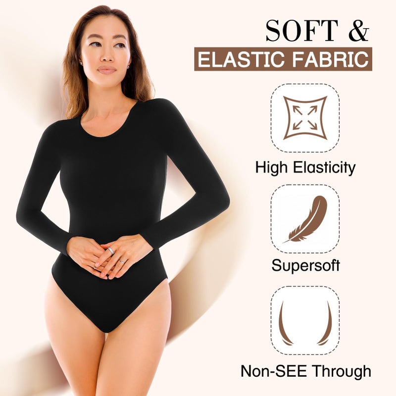 Walifrey Crew Neck Long Sleeve Bodysuit for Women Soft Stretchy Basic Shirts Bodysuits Tops Black S - Image 4
