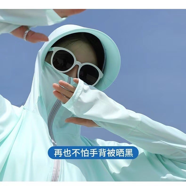 UPS50 Slim-fit Sun Protection Clothing Face-covering UV Protection with Hat Brim Thin Breathable Coat Fingertip Sun Protection Clothing Outdoor Milky White - Image 4