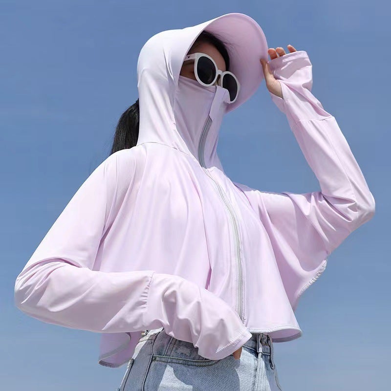 UPS50 Slim-fit Sun Protection Clothing Face-covering UV Protection with Hat Brim Thin Breathable Coat Fingertip Sun Protection Clothing Outdoor Milky White - Image 5