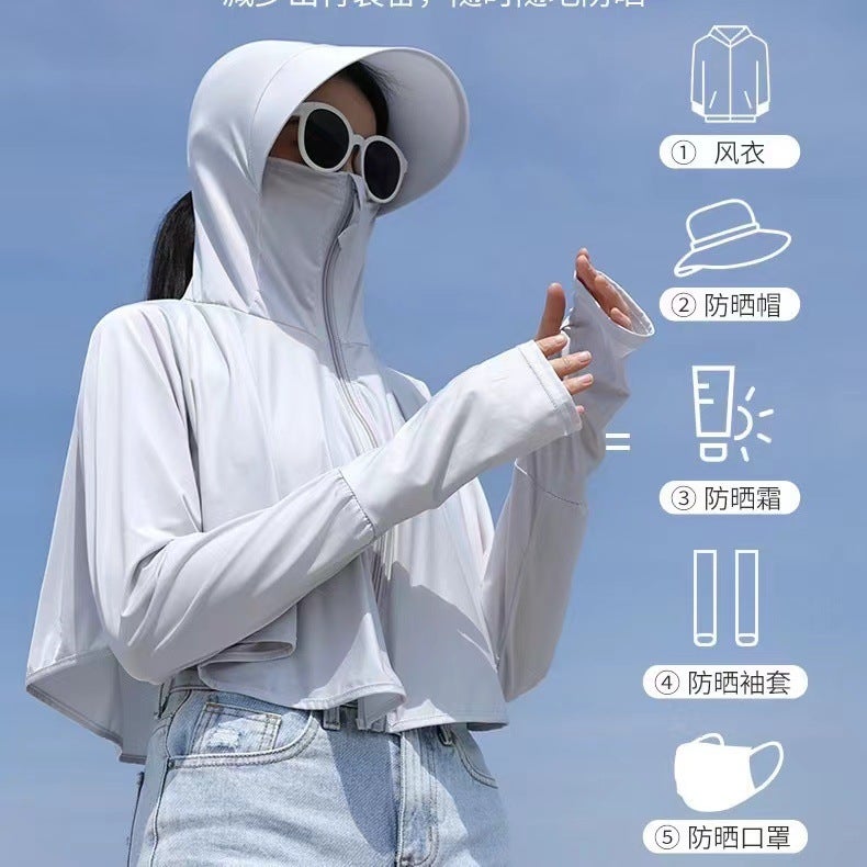 UPS50 Slim-fit Sun Protection Clothing Face-covering UV Protection with Hat Brim Thin Breathable Coat Fingertip Sun Protection Clothing Outdoor Milky White - Image 3