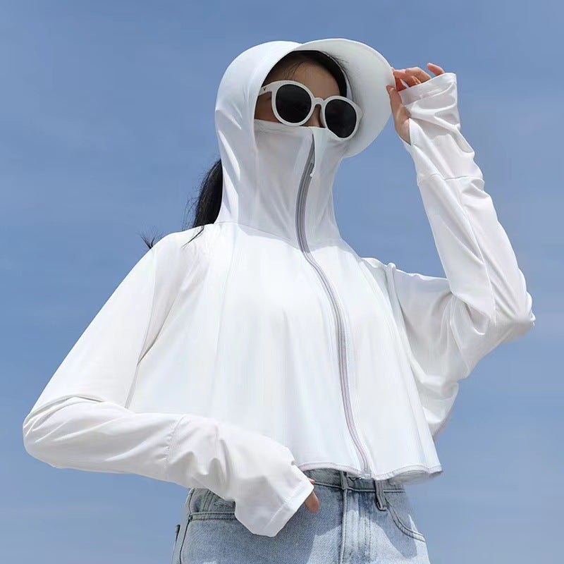 UPS50 Slim-fit Sun Protection Clothing Face-covering UV Protection with Hat Brim Thin Breathable Coat Fingertip Sun Protection Clothing Outdoor Milky White - Image 1
